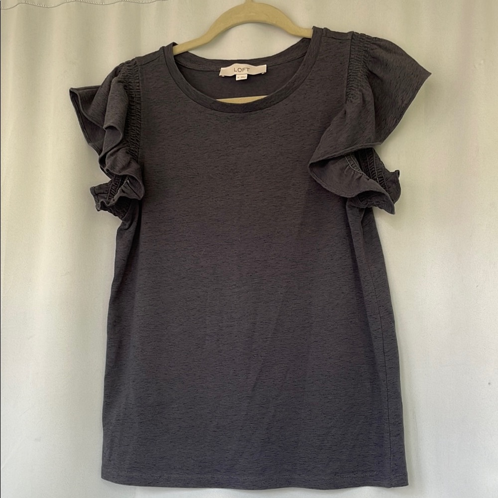 LOFT Gray Ruffled Short Sleeve T-Shirt